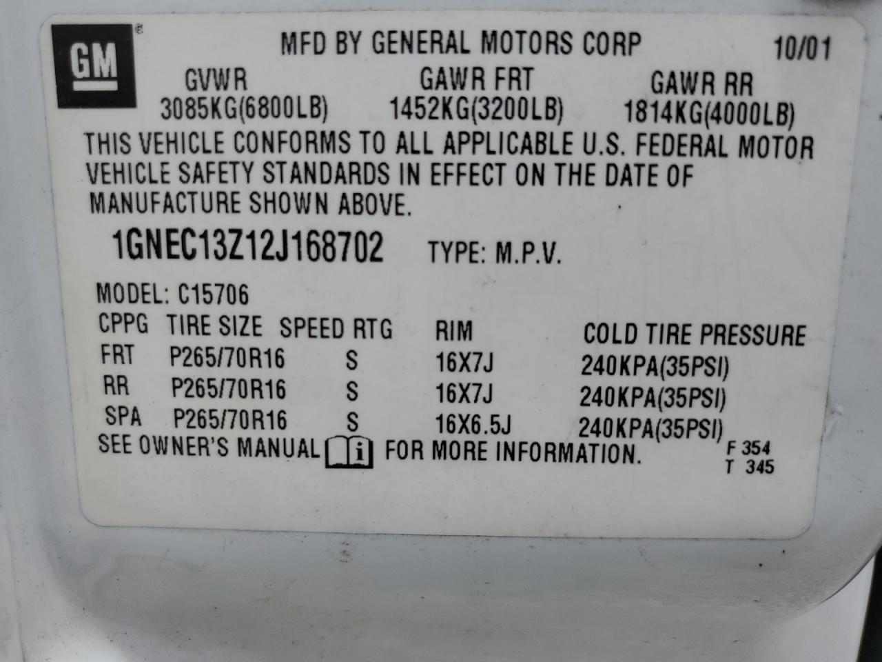 1GNEC13Z12J168702 2002 Chevrolet Tahoe C1500