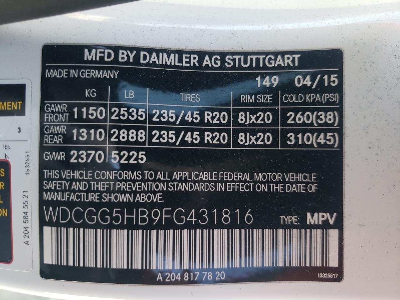 WDCGG5HB9FG431816 2015 Mercedes-Benz Glk 350