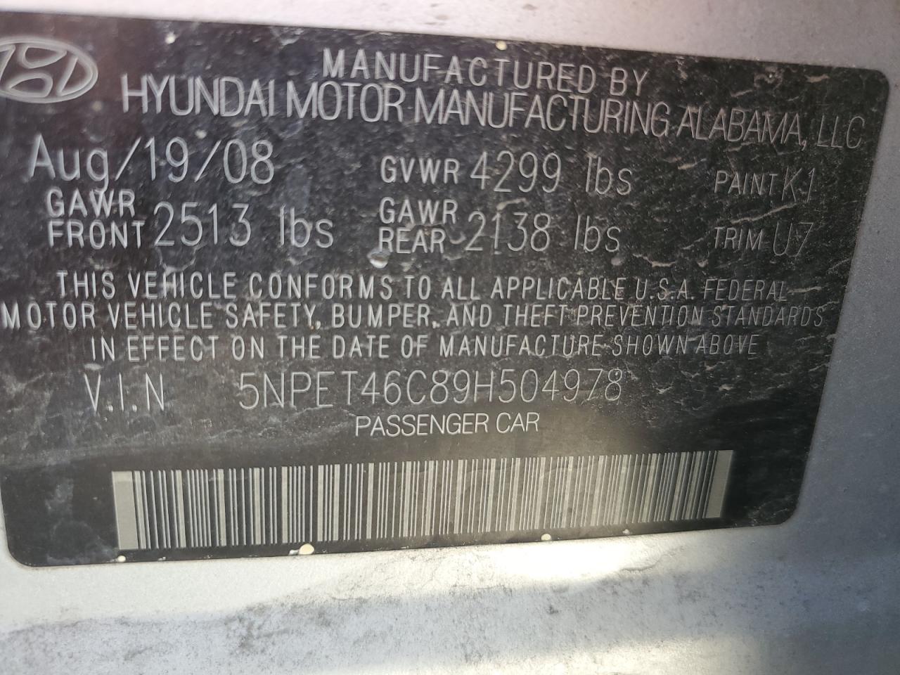 5NPET46C89H504978 2009 Hyundai Sonata Gls