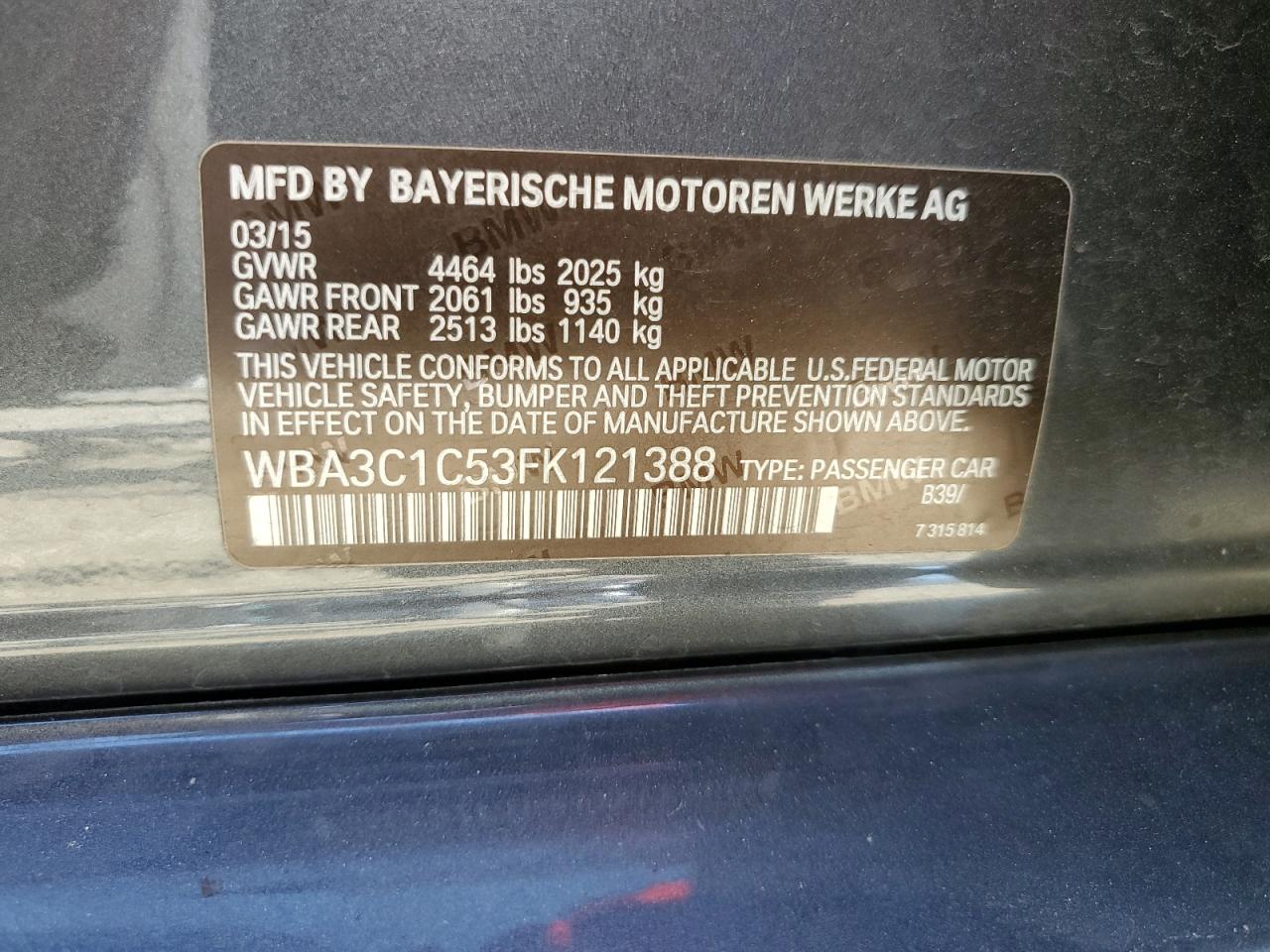 WBA3C1C53FK121388 2015 BMW 328 I Sulev
