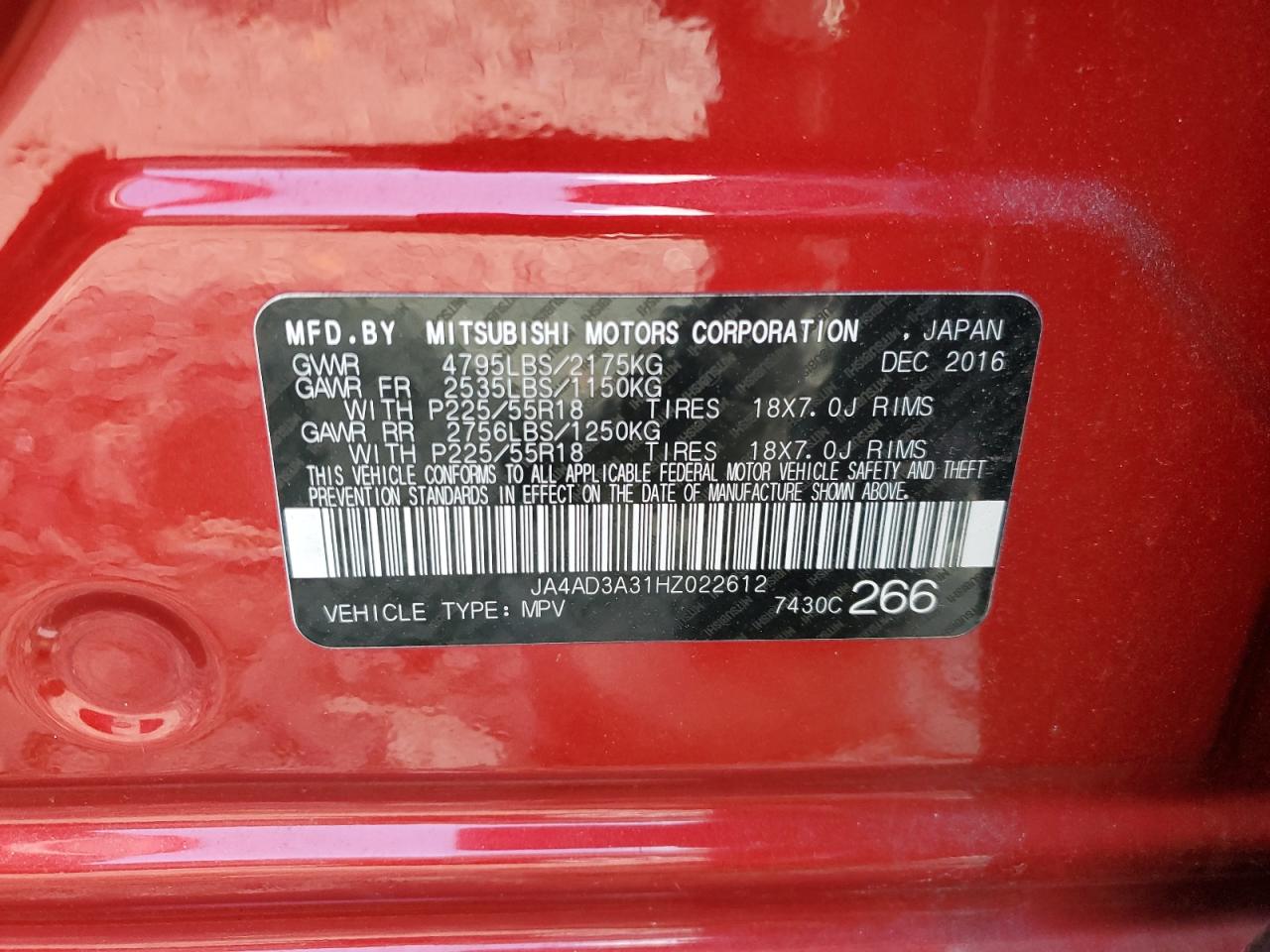 JA4AD3A31HZ022612 2017 Mitsubishi Outlander Se