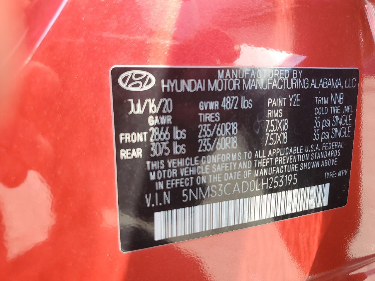 5NMS3CAD0LH253195 2020 Hyundai Santa Fe Sel