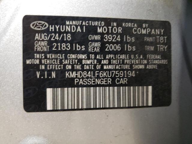 2019 Hyundai Elantra Sel VIN: KMHD84LF6KU759194 Lot: 61837804