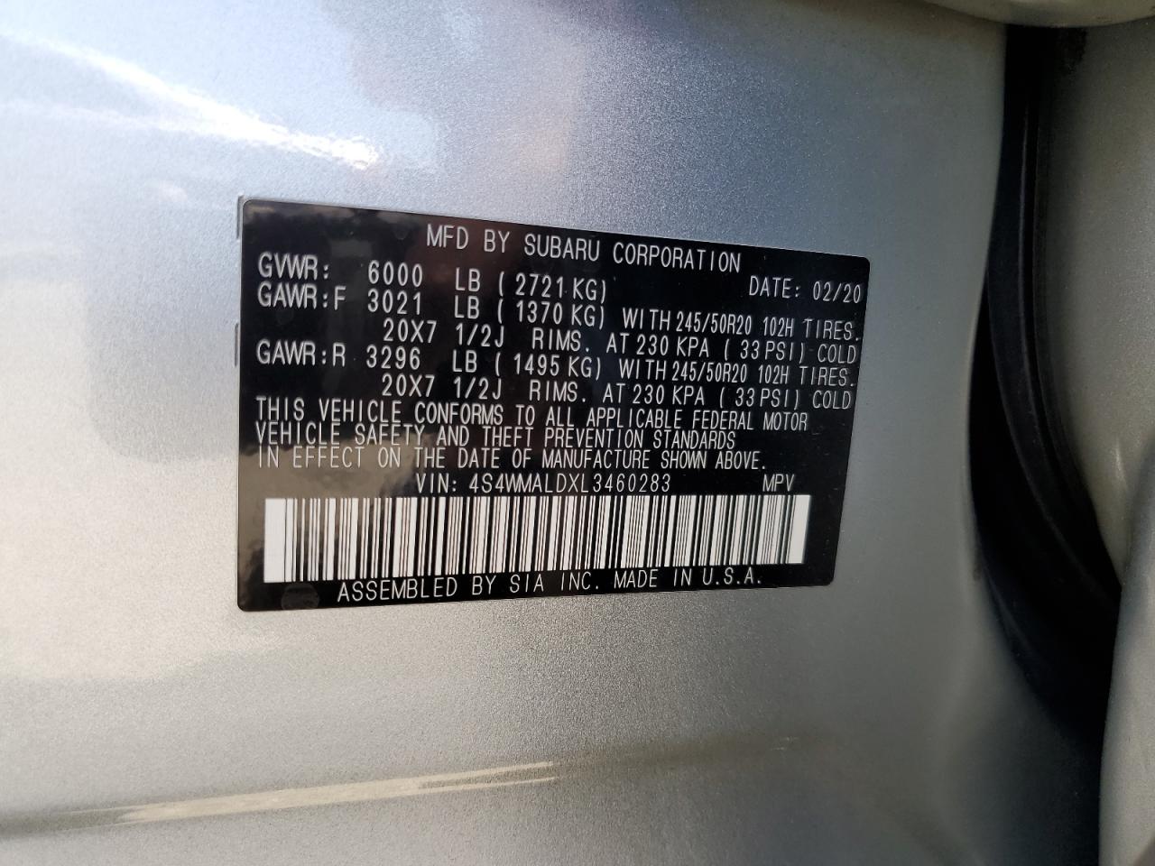 4S4WMALDXL3460283 2020 Subaru Ascent Limited