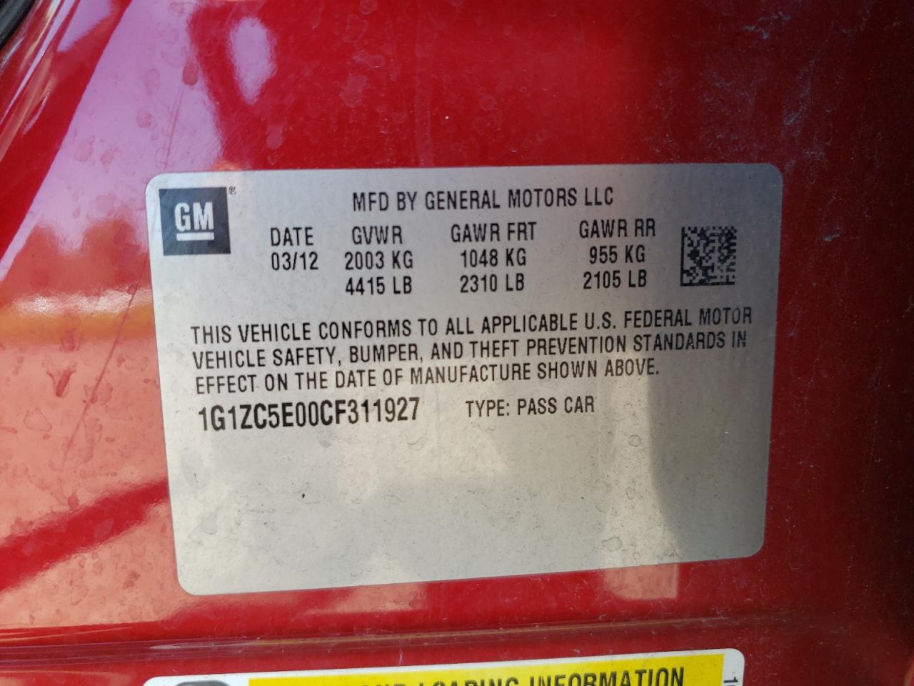 1G1ZC5E00CF311927 2012 Chevrolet Malibu 1Lt