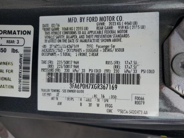 2016 Ford Fusion Se VIN: 3FA6P0H7XGR367169 Lot: 62272954