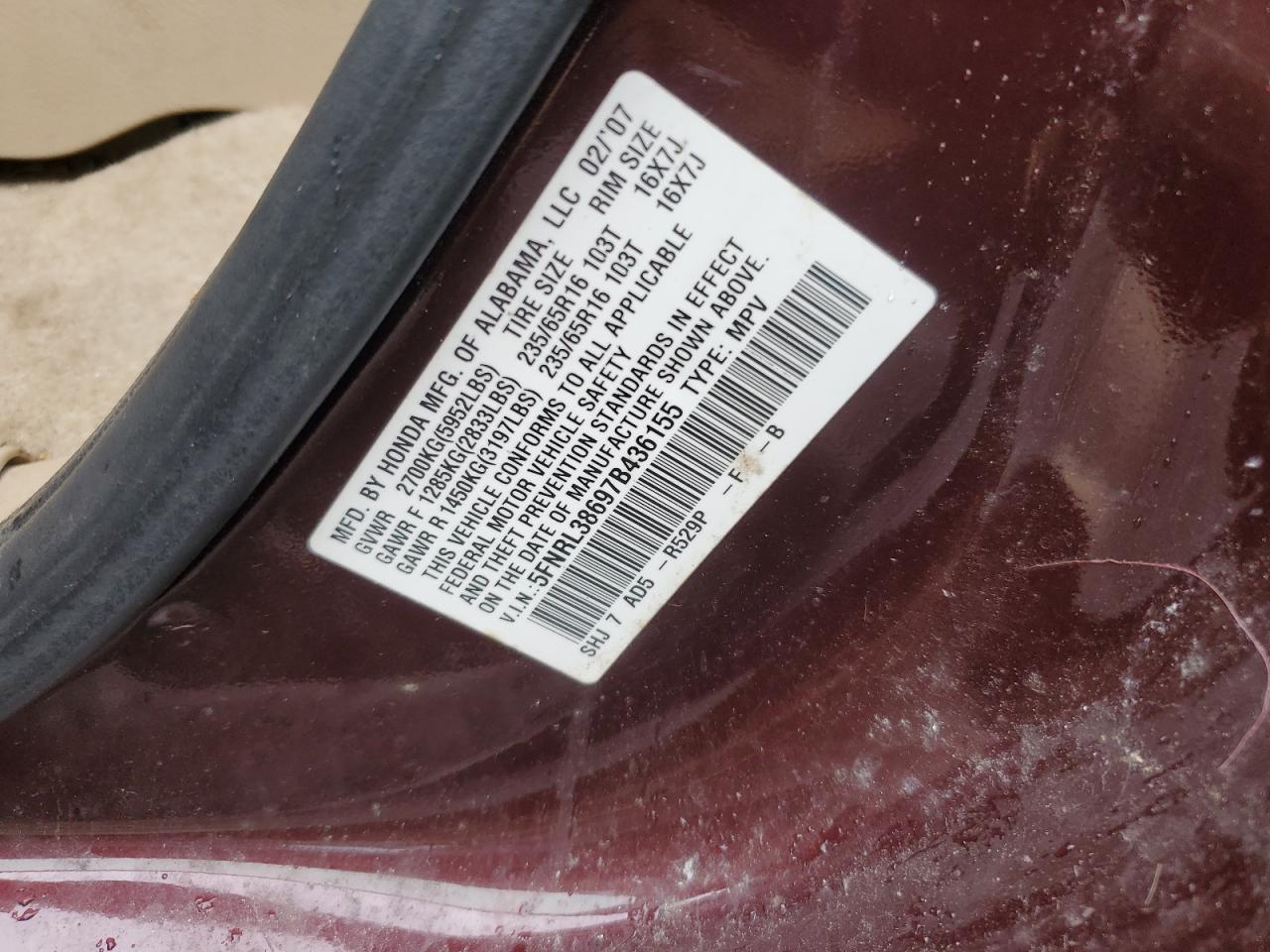 5FNRL38697B436155 2007 Honda Odyssey Exl