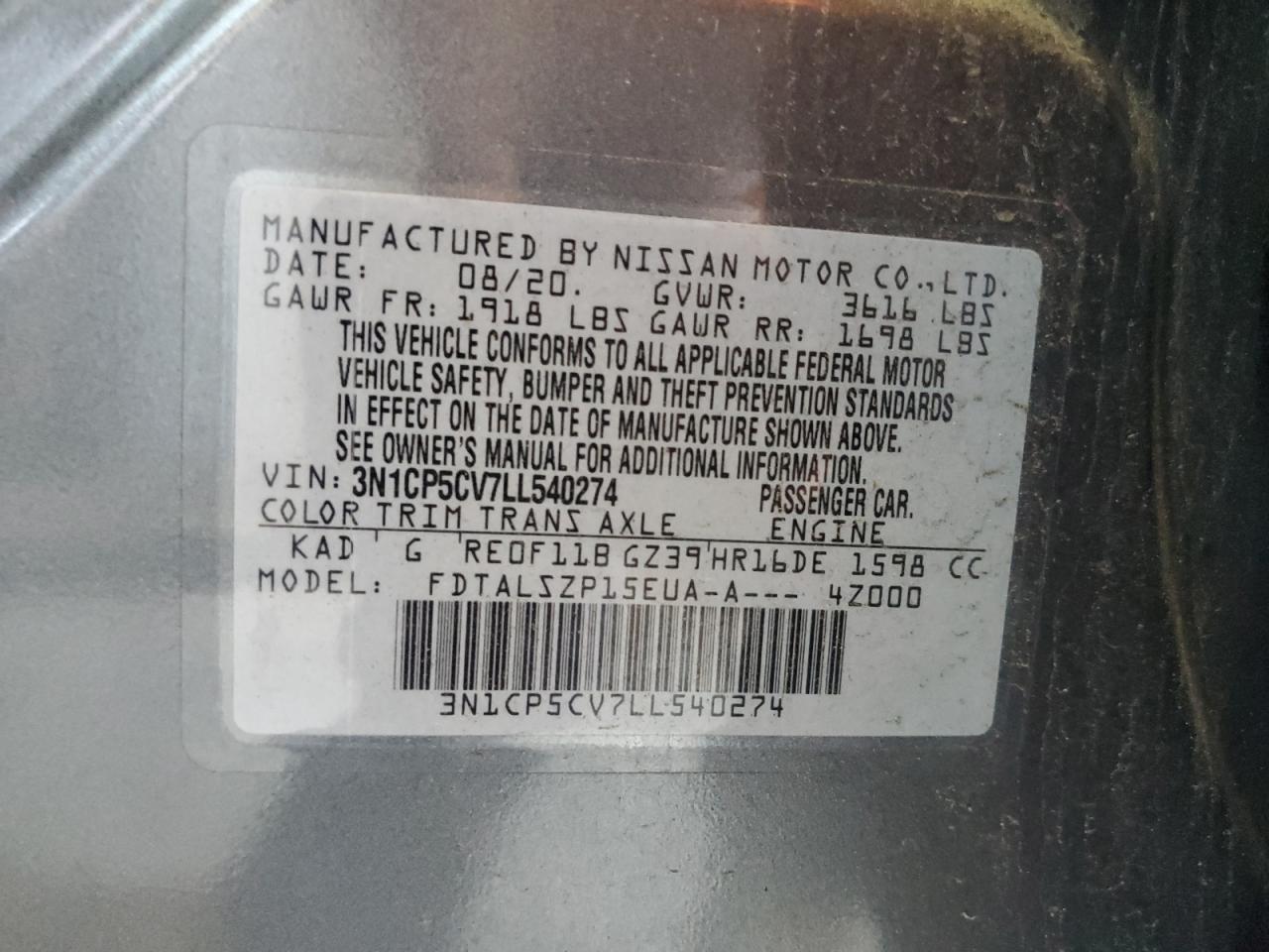 3N1CP5CV7LL540274 2020 Nissan Kicks Sv