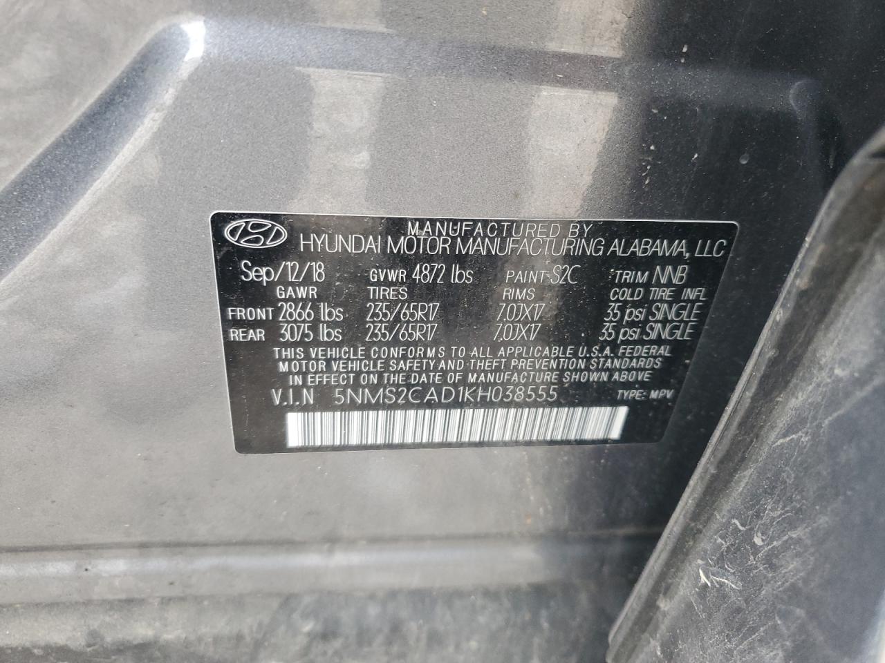 5NMS2CAD1KH038555 2019 Hyundai Santa Fe Se