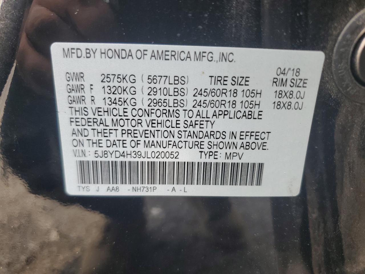 5J8YD4H39JL020052 2018 Acura Mdx