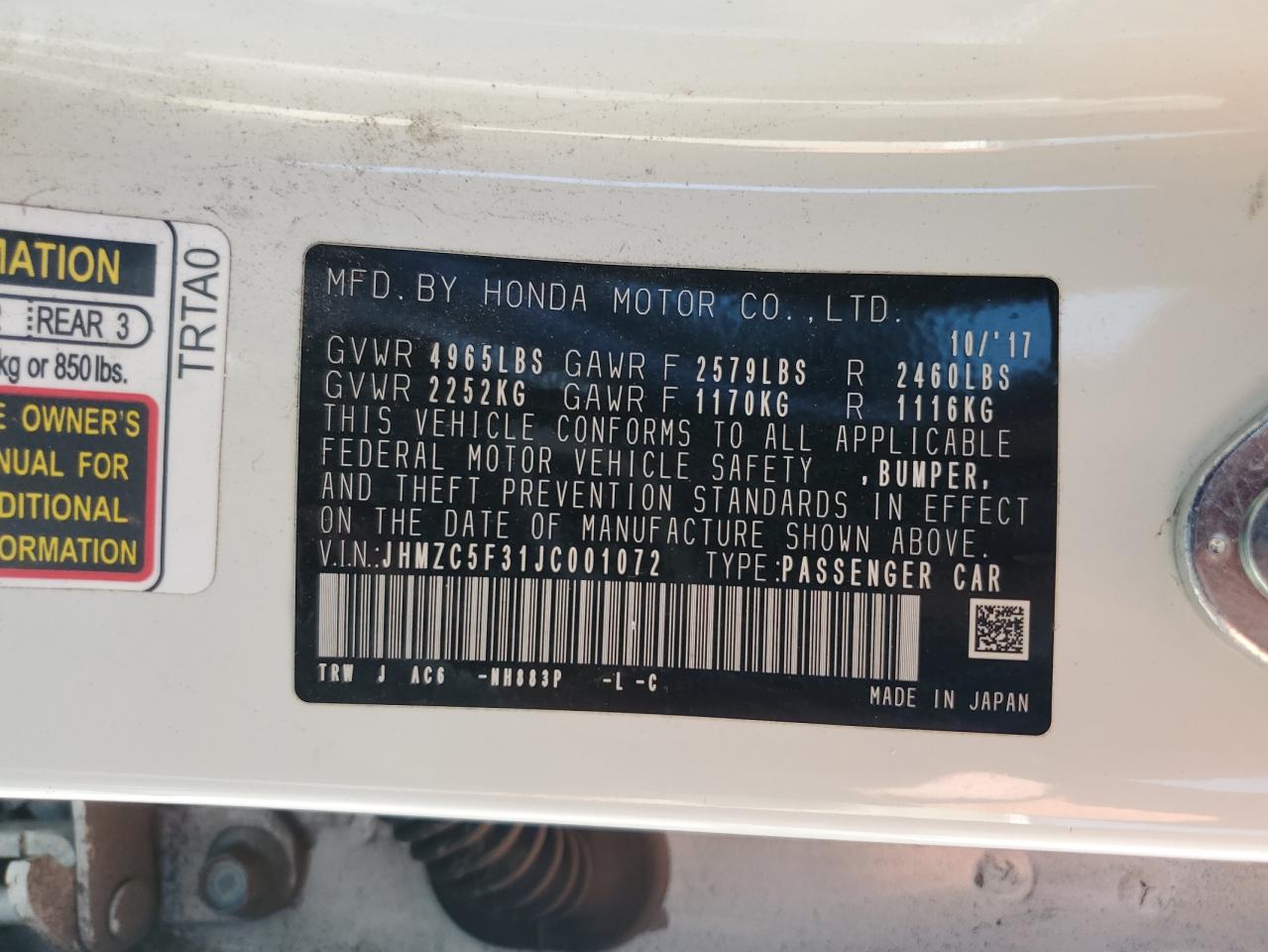 JHMZC5F31JC001072 2018 Honda Clarity Touring