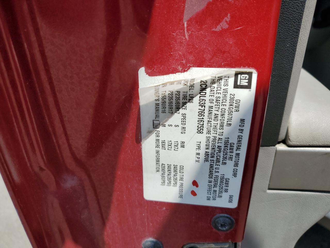 2CNDL63F766167558 2006 Chevrolet Equinox Lt