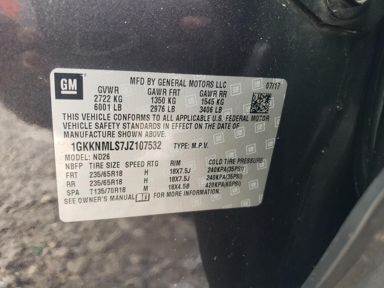 1GKKNMLS7JZ107532 2018 GMC Acadia Slt-1