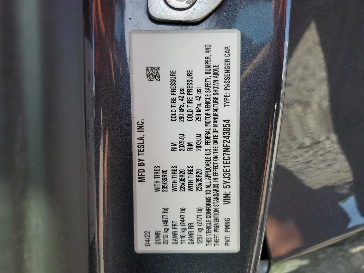 5YJ3E1EC7NF243854 2022 Tesla Model 3