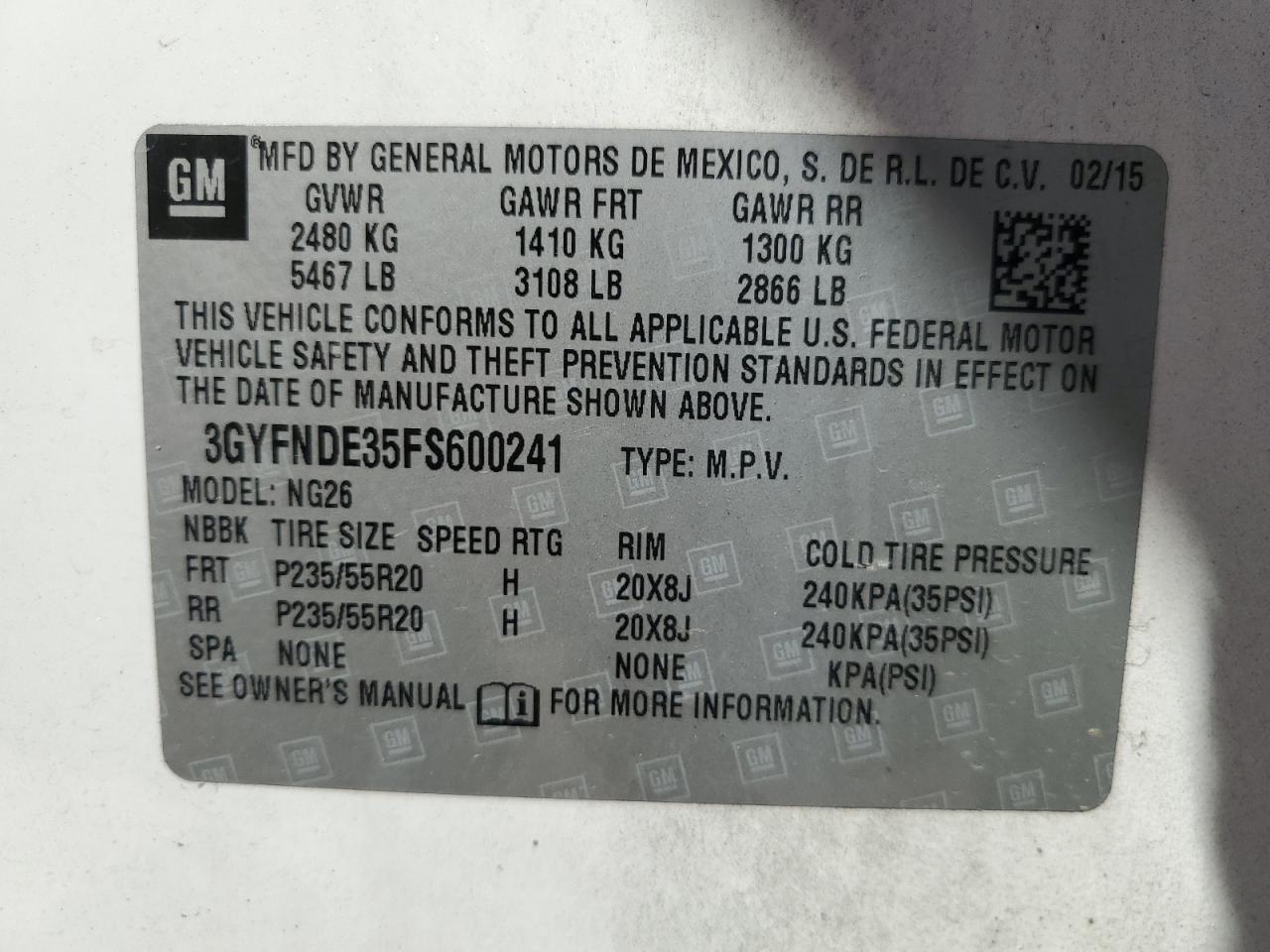 3GYFNDE35FS600241 2015 Cadillac Srx Premium Collection