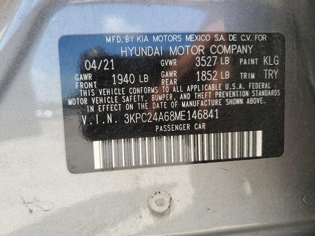 3KPC24A68ME146841 2021 Hyundai Accent Se
