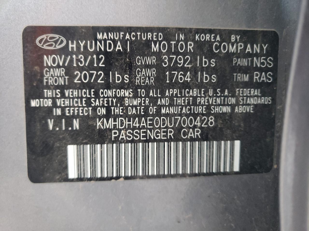 2013 Hyundai Elantra Gls vin: KMHDH4AE0DU700428