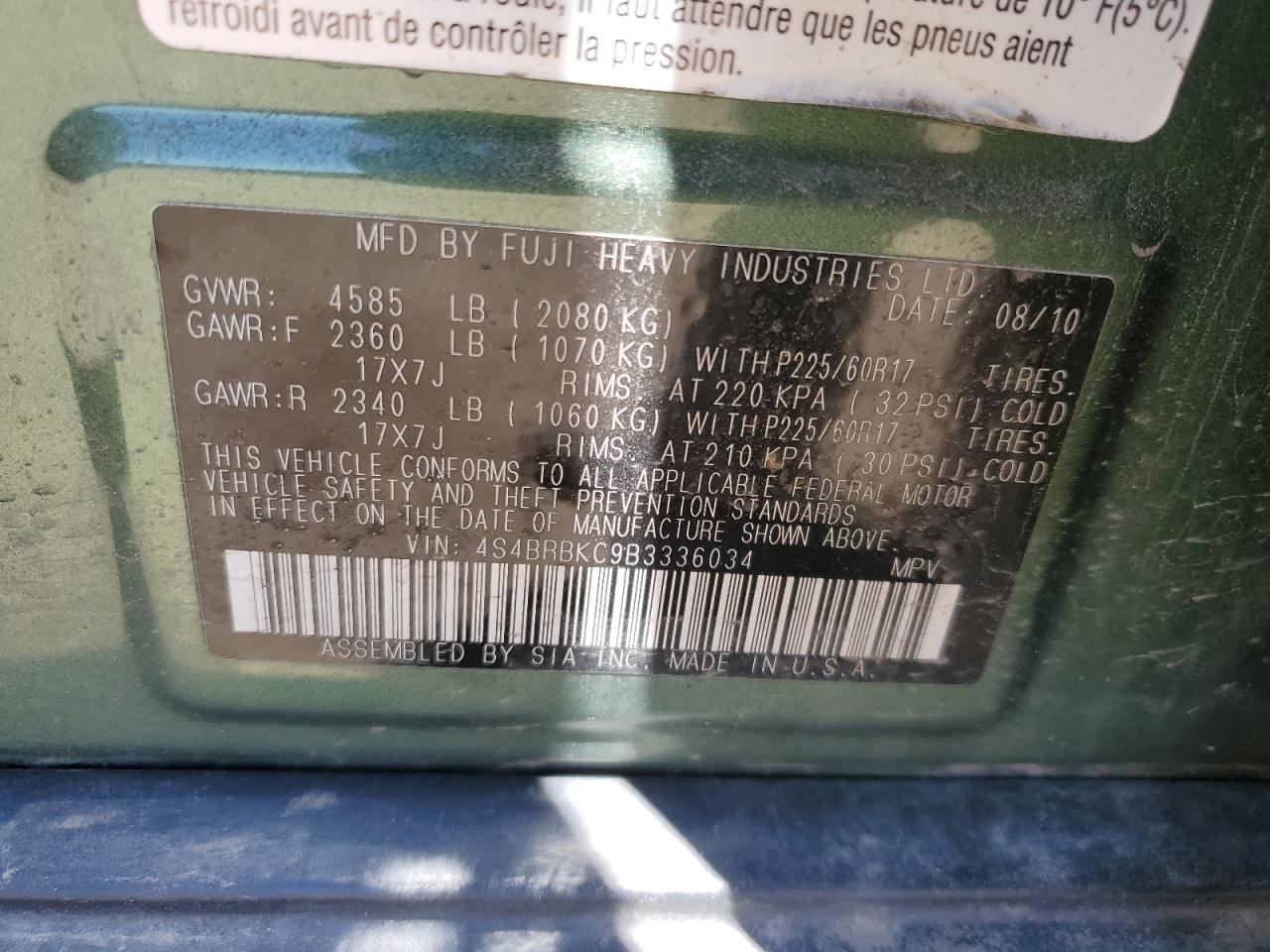 4S4BRBKC9B3336034 2011 Subaru Outback 2.5I Limited