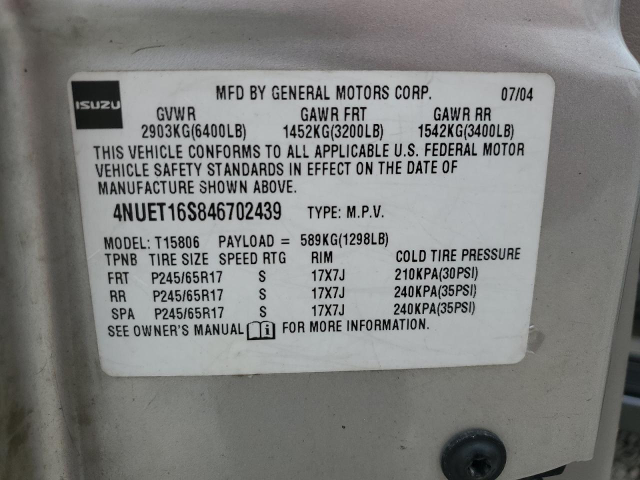 4NUET16S846702439 2004 Isuzu Ascender S