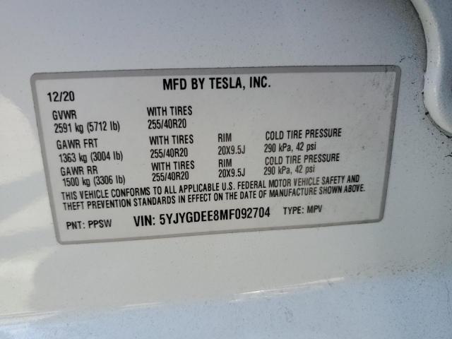 2021 Tesla Model Y VIN: 5YJYGDEE8MF092704 Lot: 62145644