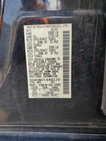 2007 Nissan Pathfinder Le VIN: 5N1AR18W17C640120 Lot: 62251384