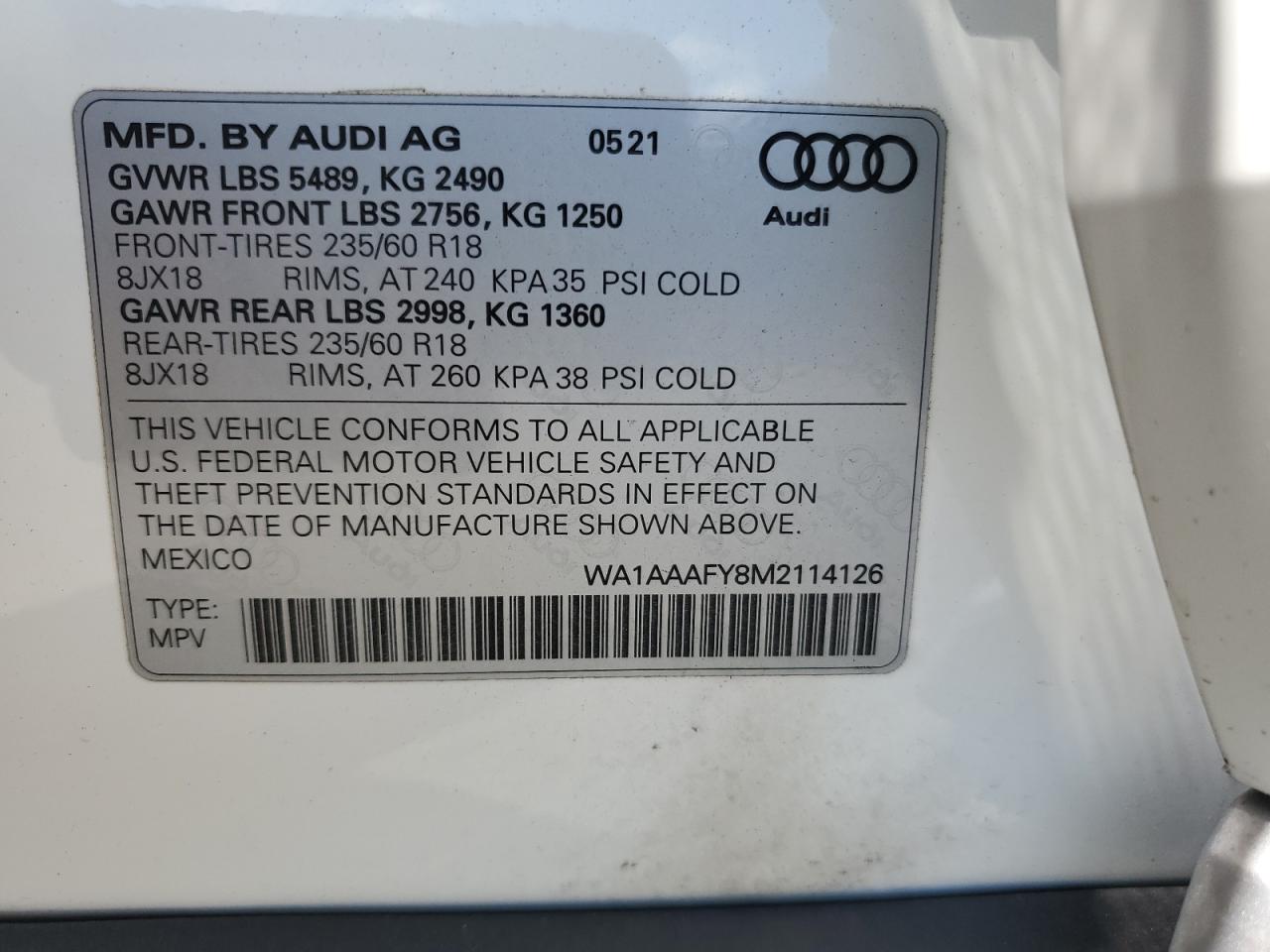 WA1AAAFY8M2114126 2021 Audi Q5 Premium