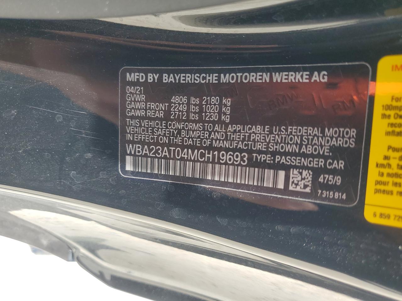 WBA23AT04MCH19693 2021 BMW 430I