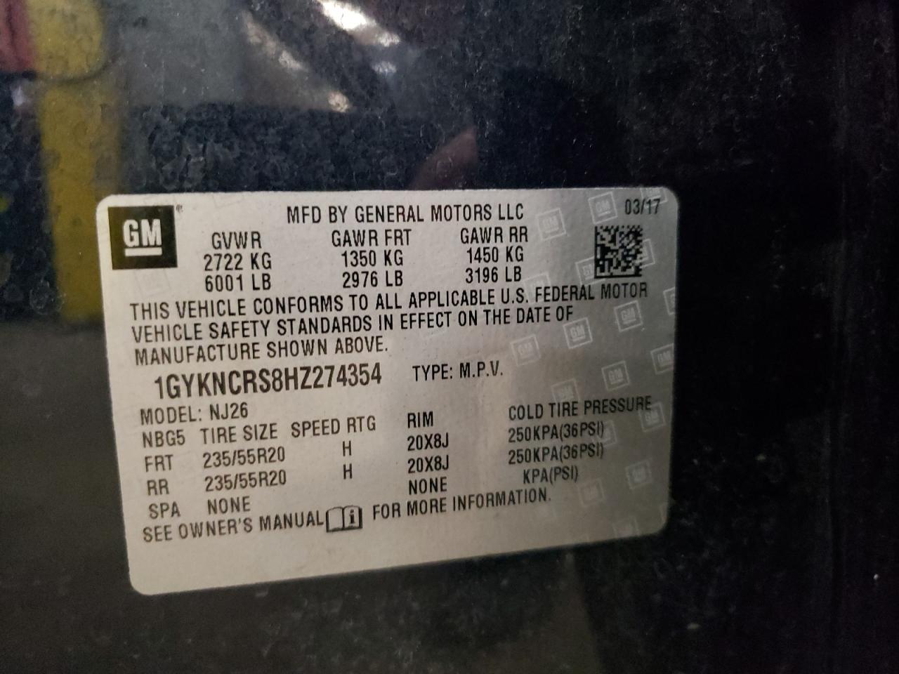 1GYKNCRS8HZ274354 2017 Cadillac Xt5 Premium Luxury