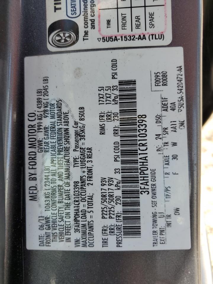3FAHP0HA1CR103398 2012 Ford Fusion Se