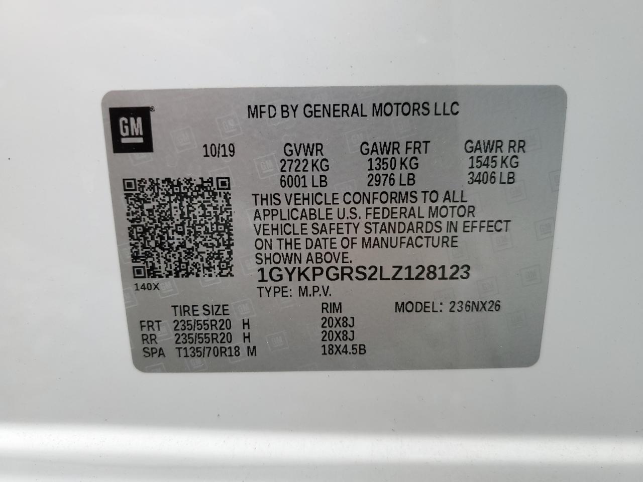 1GYKPGRS2LZ128123 2020 Cadillac Xt6 Sport