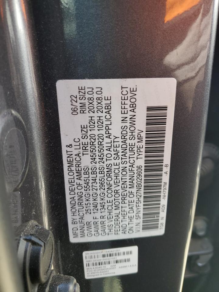 5FNYF5H27NB029606 2022 Honda Pilot Se