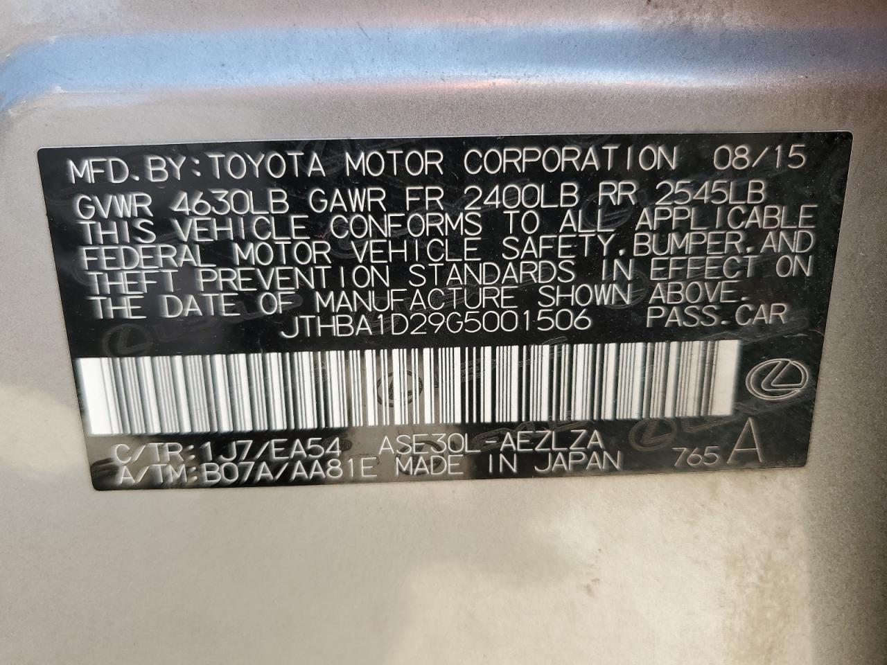 JTHBA1D29G5001506 2016 Lexus Is 200T