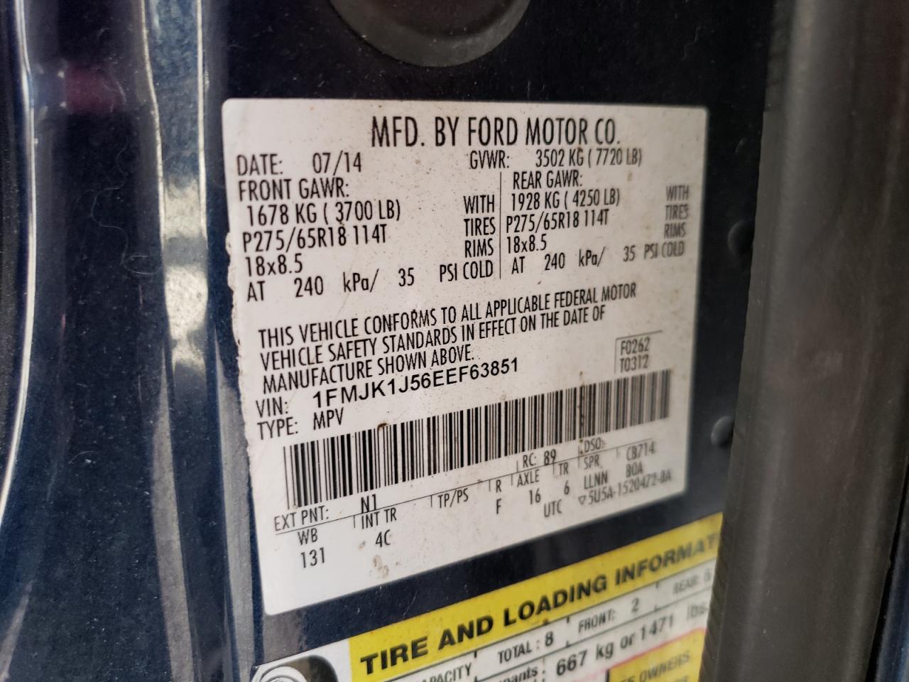 1FMJK1J56EEF63851 2014 Ford Expedition El Xlt