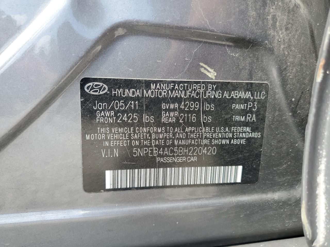5NPEB4AC5BH220420 2011 Hyundai Sonata Gls