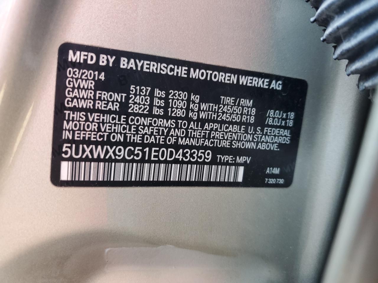 5UXWX9C51E0D43359 2014 BMW X3 xDrive28I