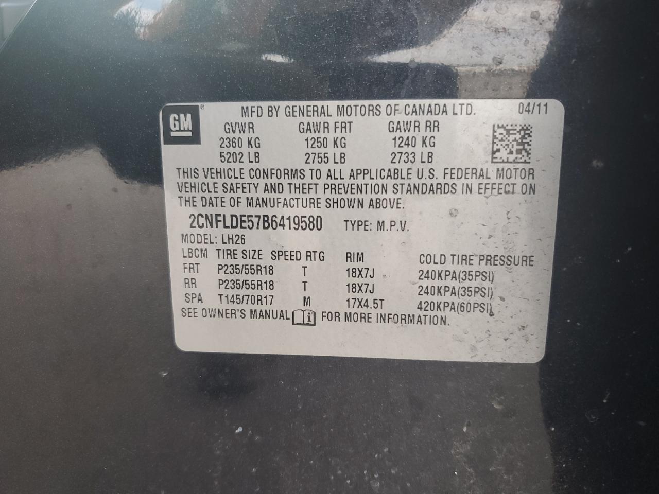2CNFLDE57B6419580 2011 Chevrolet Equinox Lt