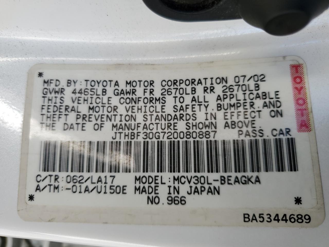 JTHBF30G720080887 2002 Lexus Es 300