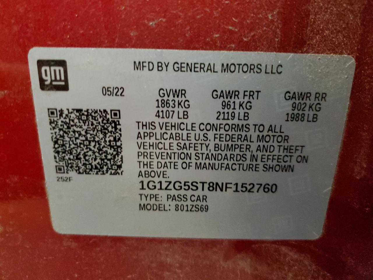 1G1ZG5ST8NF152760 2022 Chevrolet Malibu Rs