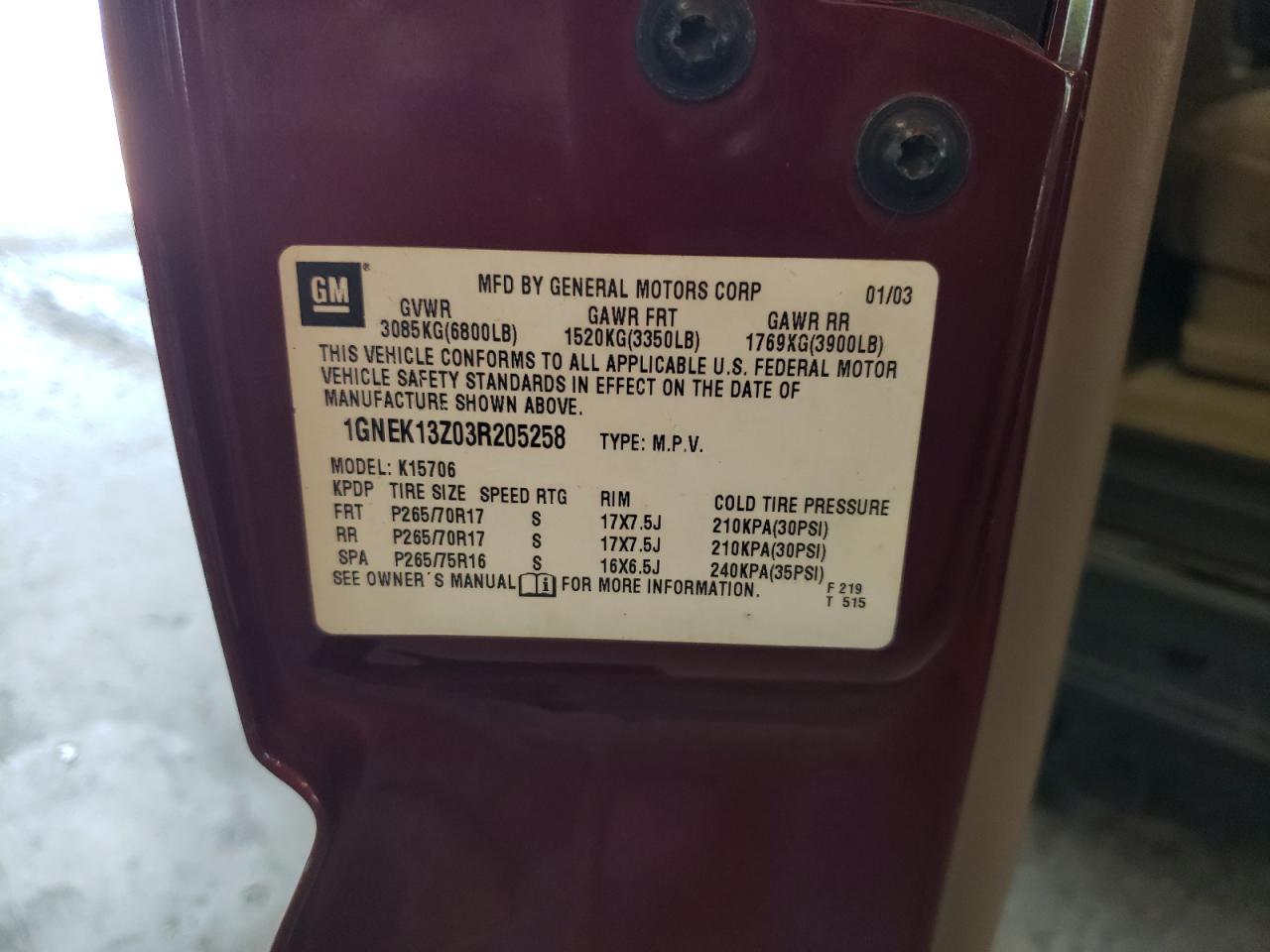 1GNEK13Z03R205258 2003 Chevrolet Tahoe K1500