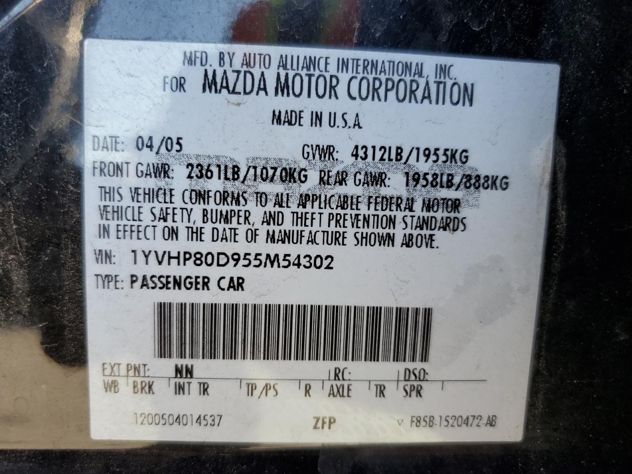 1YVHP80D955M54302 2005 Mazda 6 S