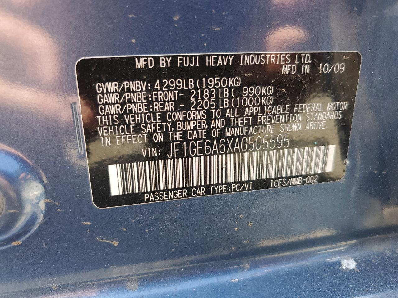 JF1GE6A6XAG505595 2010 Subaru Impreza 2.5I