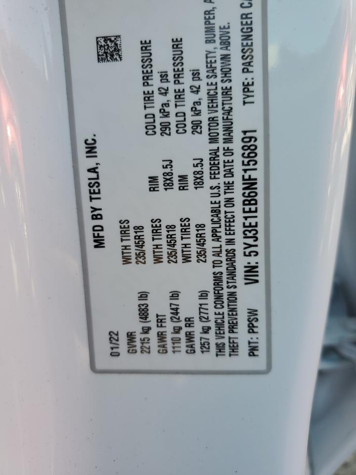 5YJ3E1EB6NF156891 2022 Tesla Model 3