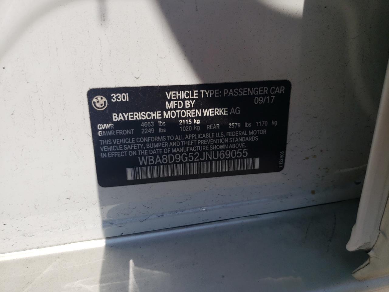 WBA8D9G52JNU69055 2018 BMW 330 Xi