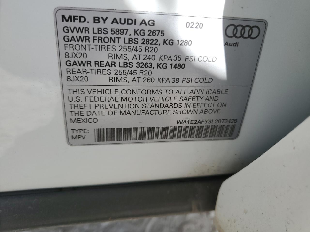 WA1E2AFY3L2072428 2020 Audi Q5 E Premium Plus