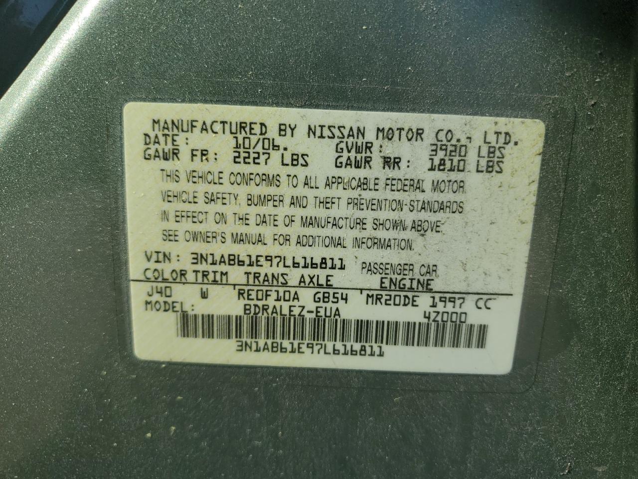 3N1AB61E97L616811 2007 Nissan Sentra 2.0