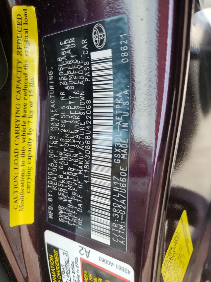 4T1BK3DB6BU422068 2011 Toyota Avalon Base