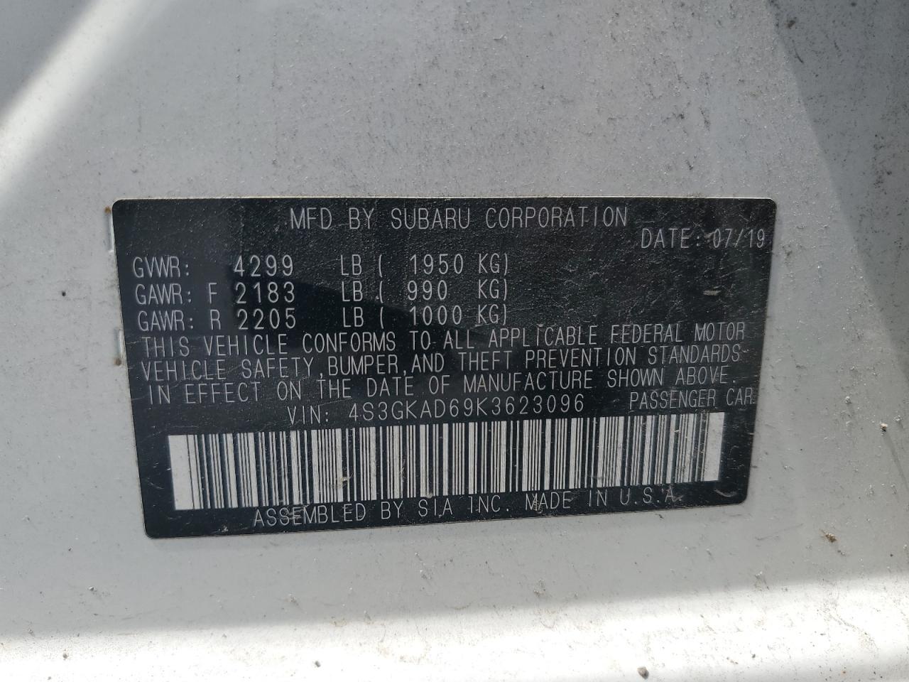 4S3GKAD69K3623096 2019 Subaru Impreza Premium