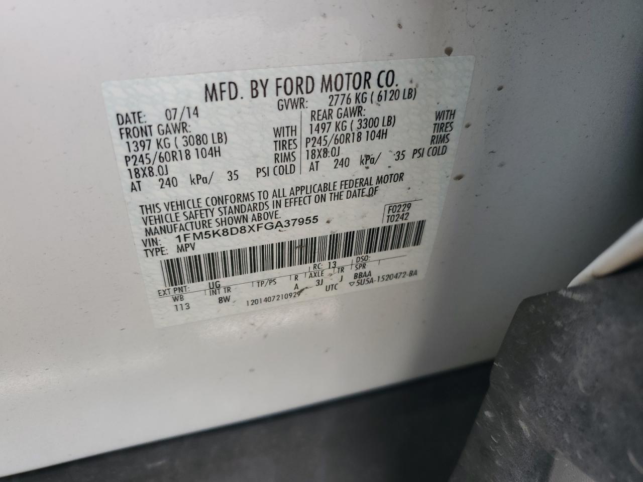 1FM5K8D8XFGA37955 2015 Ford Explorer Xlt