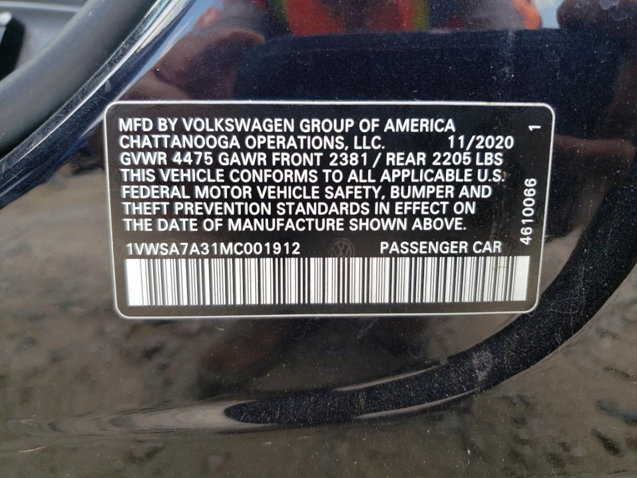 1VWSA7A31MC001912 2021 Volkswagen Passat Se