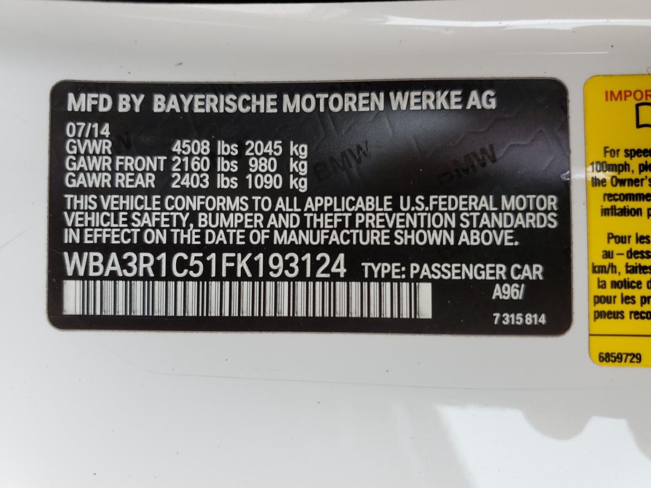 2015 BMW 435 I vin: WBA3R1C51FK193124